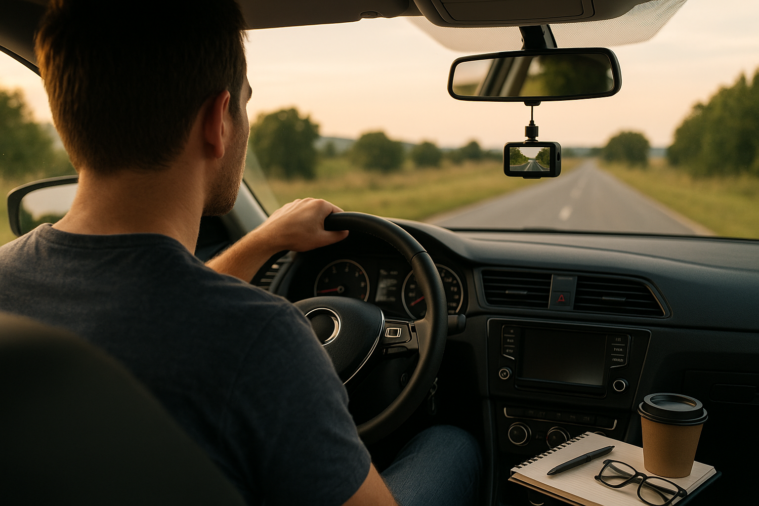 conducteur au volant dashcam fixée sur le pare-brise