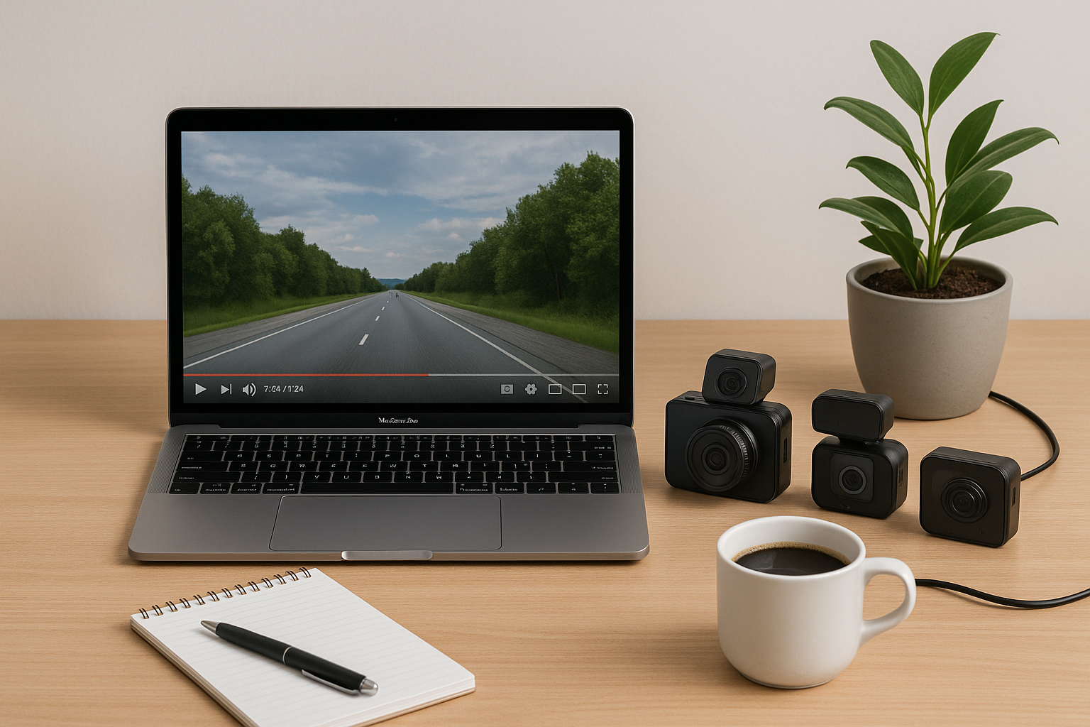 dashcams et ordinateur posés sur un bureau